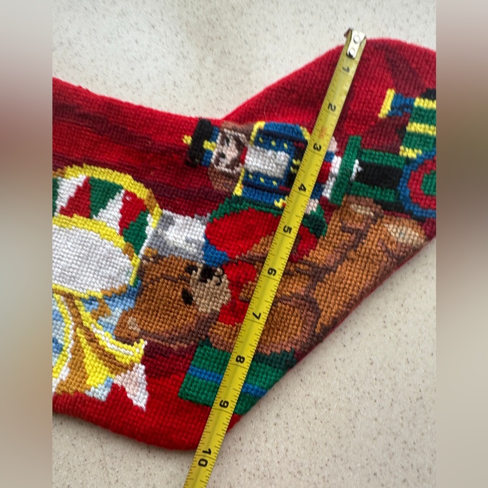Vintage Handmade Needlepoint Christmas Stockings Set 2 Santa Toys 1990s Decor - Picture 10 of 16